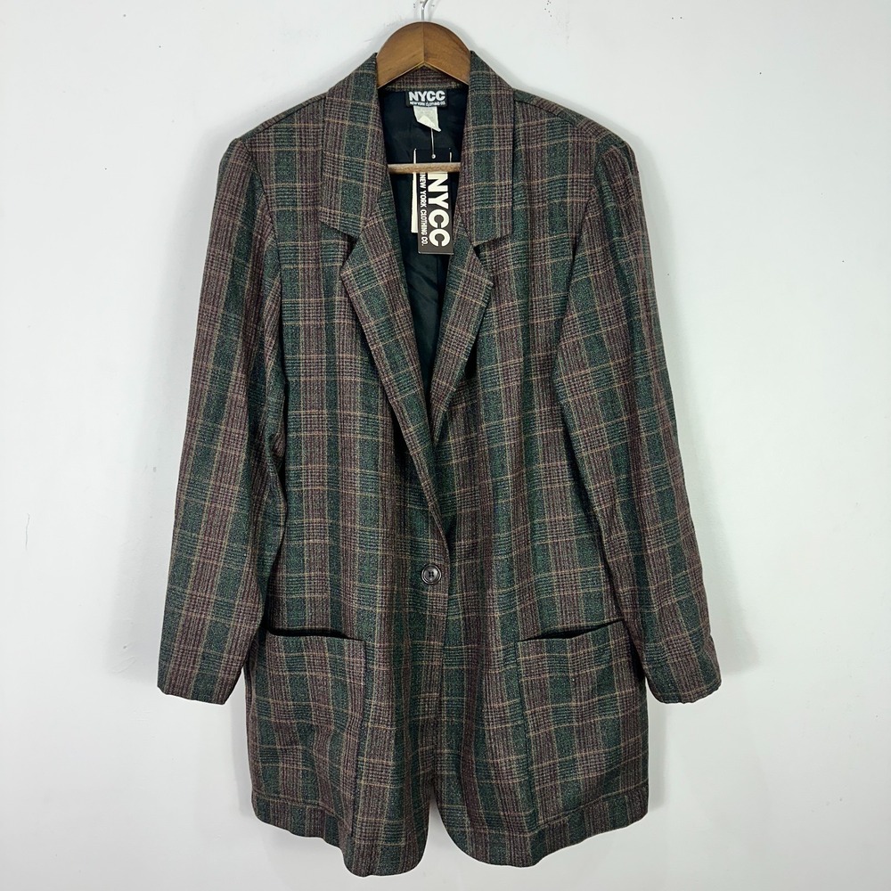 NYCC Plaid Blazer 14/16 Brown Green Oversized‎ Academia Preppy Retro Vintage